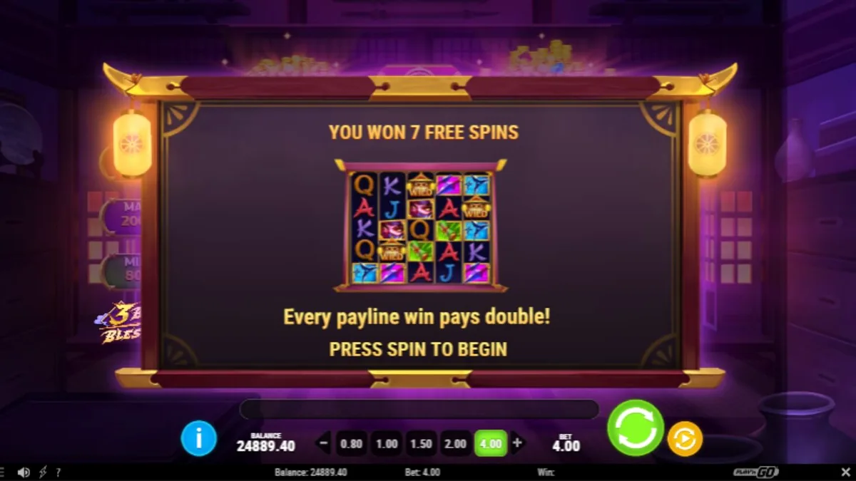 Tampilan antarmuka mobile slot 3 Blades & Blessing dengan latar belakang ninja dan pagoda