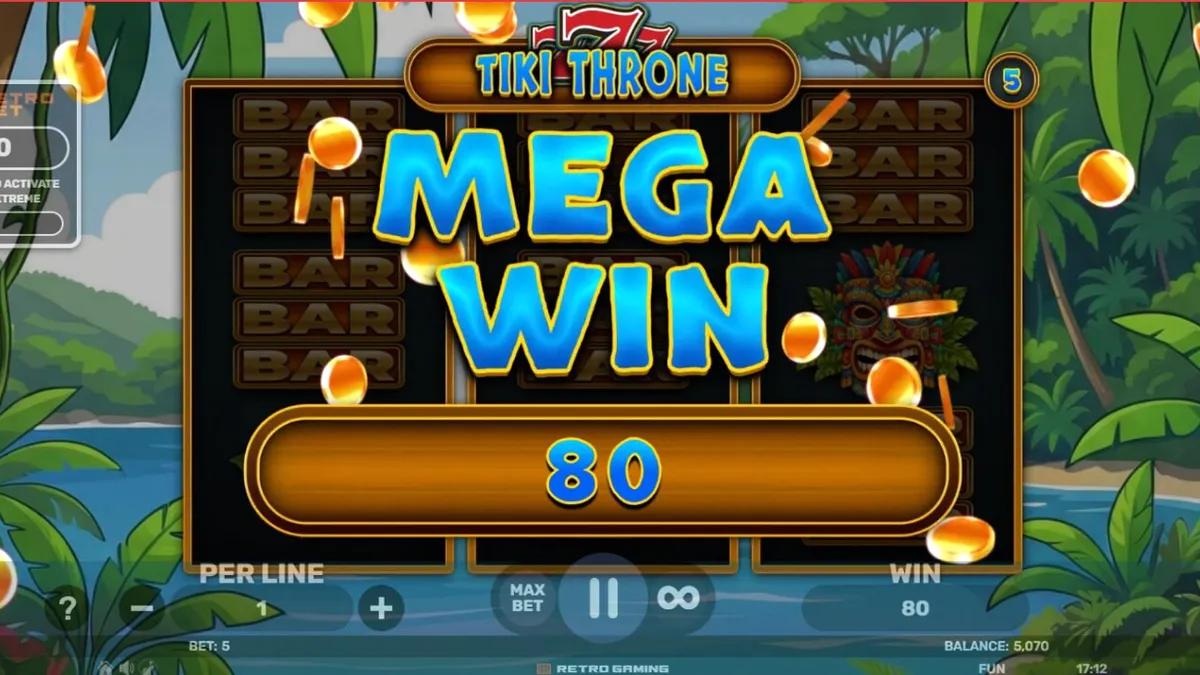 Pemandangan visual slot 777 Tiki Throne dengan latar belakang pulau tropis dan simbol buah klasik.